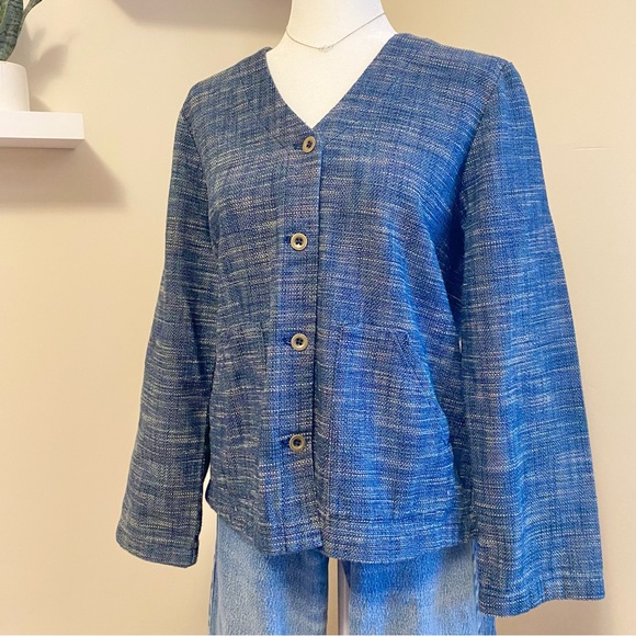 Pure Jill Indigo (M) Boho Lagenlook Button Front Blue Chorecoat Jacket - Picture 1 of 9